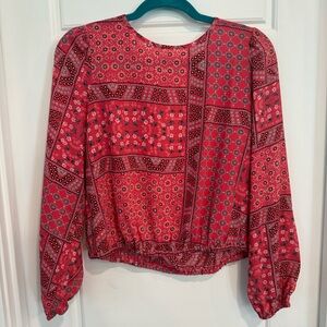 LOFT Red Blue Floral Boho Blouse Size Small Long Sleeve Lightweight Top LIKE NE